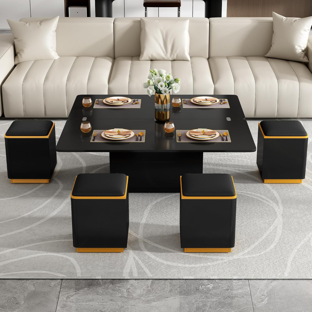 A straight-on, symmetrical view of the black coffee table converted into a full square dining table set for four people, flanked by four matching black square stools with orange bases in front of a cream couch.