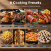 air fryer 8 cooking presets showing chicken leg, steak, bacon, sausage, chips, fish, pizza, and cake
