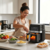 Woman in apron placing breaded chicken tenders into Sejoy air fryer basket in modern kitchen