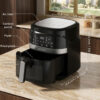 air fryer diagram labeling air inlet, control panel, fryer, fried plate, viewable window, and handle with dimensions 12.8 x 12.8 x 12.44 inches