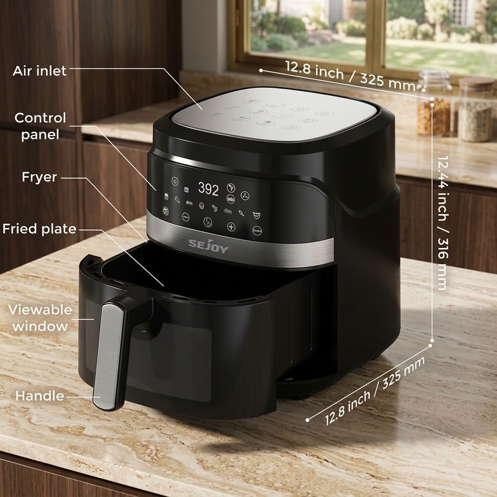 air fryer diagram labeling air inlet, control panel, fryer, fried plate, viewable window, and handle with dimensions 12.8 x 12.8 x 12.44 inches