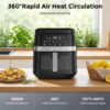 black air fryer on kitchen counter with specs 1500W, 360-degree air circulation, 175-400°F range