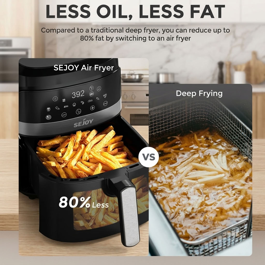 Comparison of air fryer french fries versus deep-fried fries in oil, showing 80% less fat