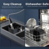 air fryer basket being rinsed under faucet and placed in dishwasher rack for cleaning