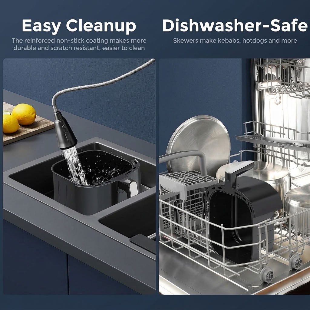 air fryer basket being rinsed under faucet and placed in dishwasher rack for cleaning