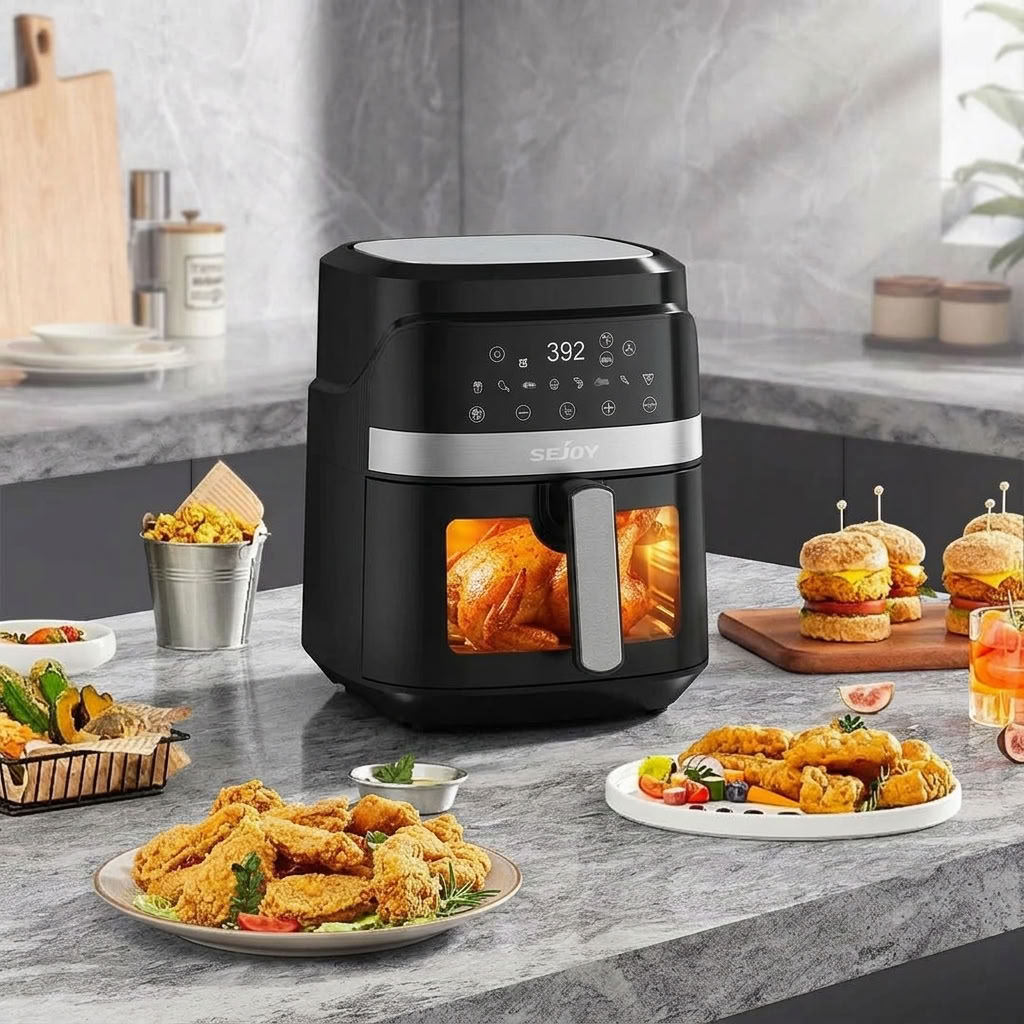 Sejoy air fryer on marble kitchen counter with roasted chicken visible through window, surrounded by fried chicken, sliders, and vegetables