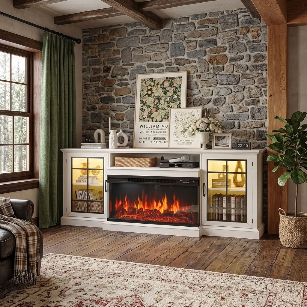 80 inch Fireplace TV Stand with 3-Sided Glass