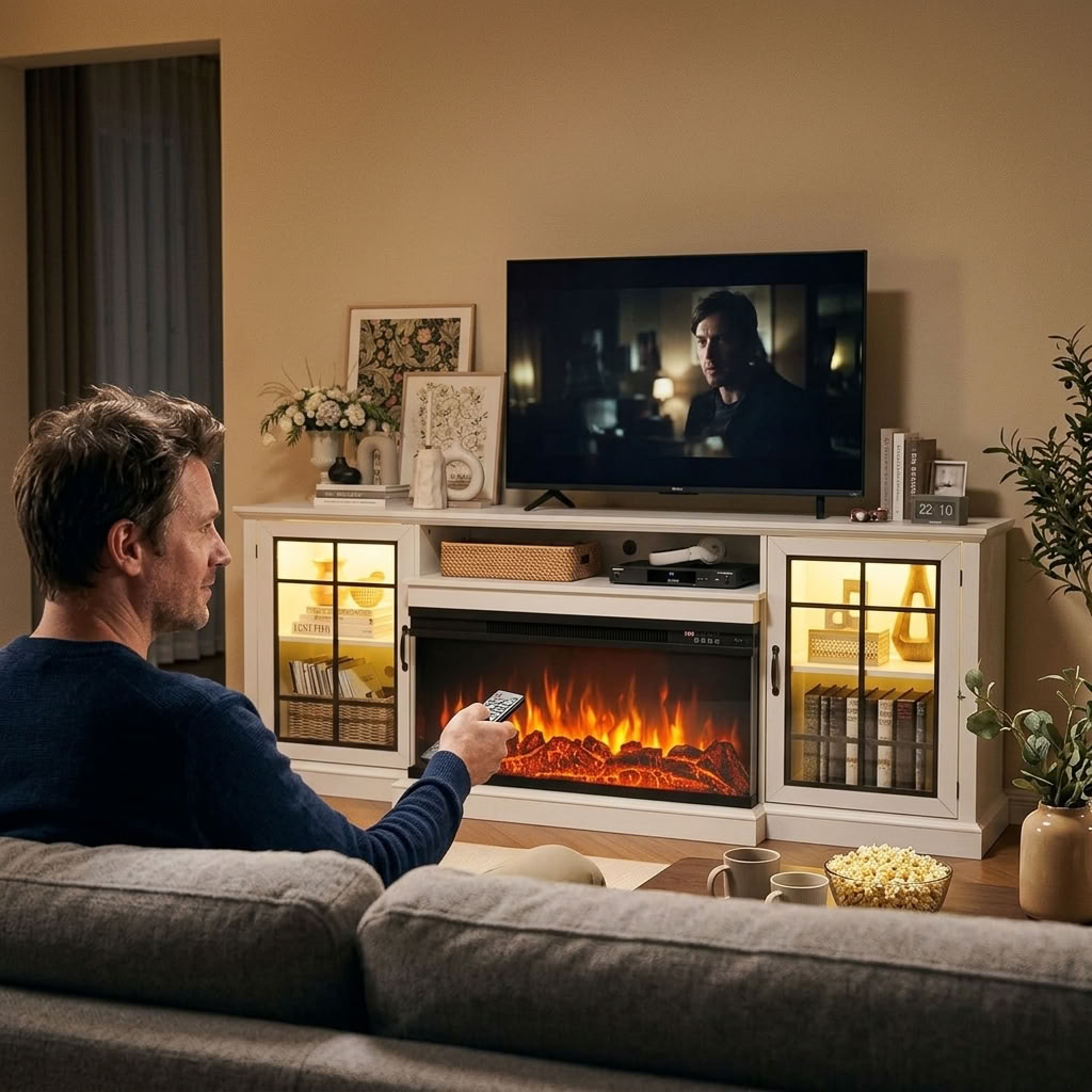 80 inch Fireplace TV Stand with 3-Sided Glass