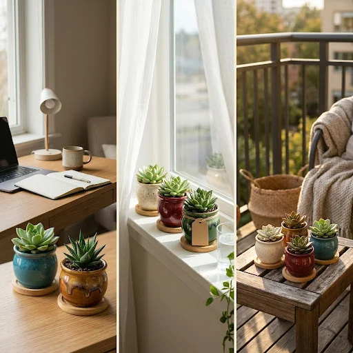 Succulent wedding favors in glazed ceramic pots displayed on a desk, a sunny windowsill, and a cozy balcony.