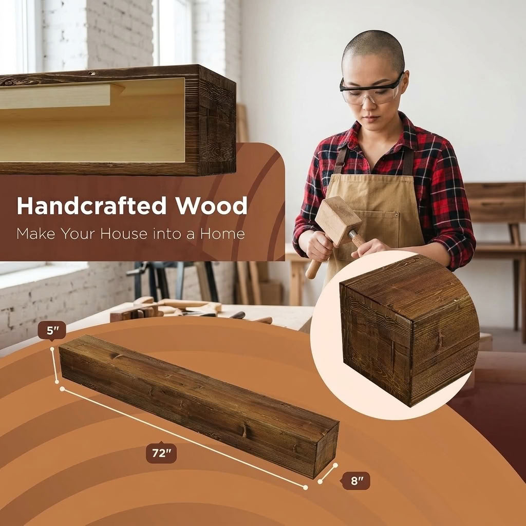 Handcrafted wood fireplace mantel shelf 72 inches long, 8 inches deep, 5 inches tall, with woodworker carving.