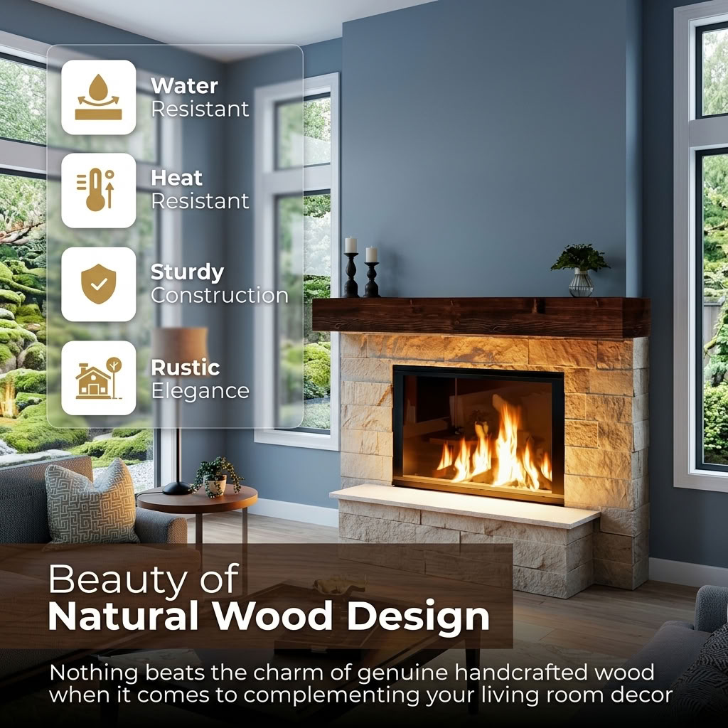 Modern fireplace mantel shelf above stone fireplace in blue living room, water resistant, heat resistant, sturdy.