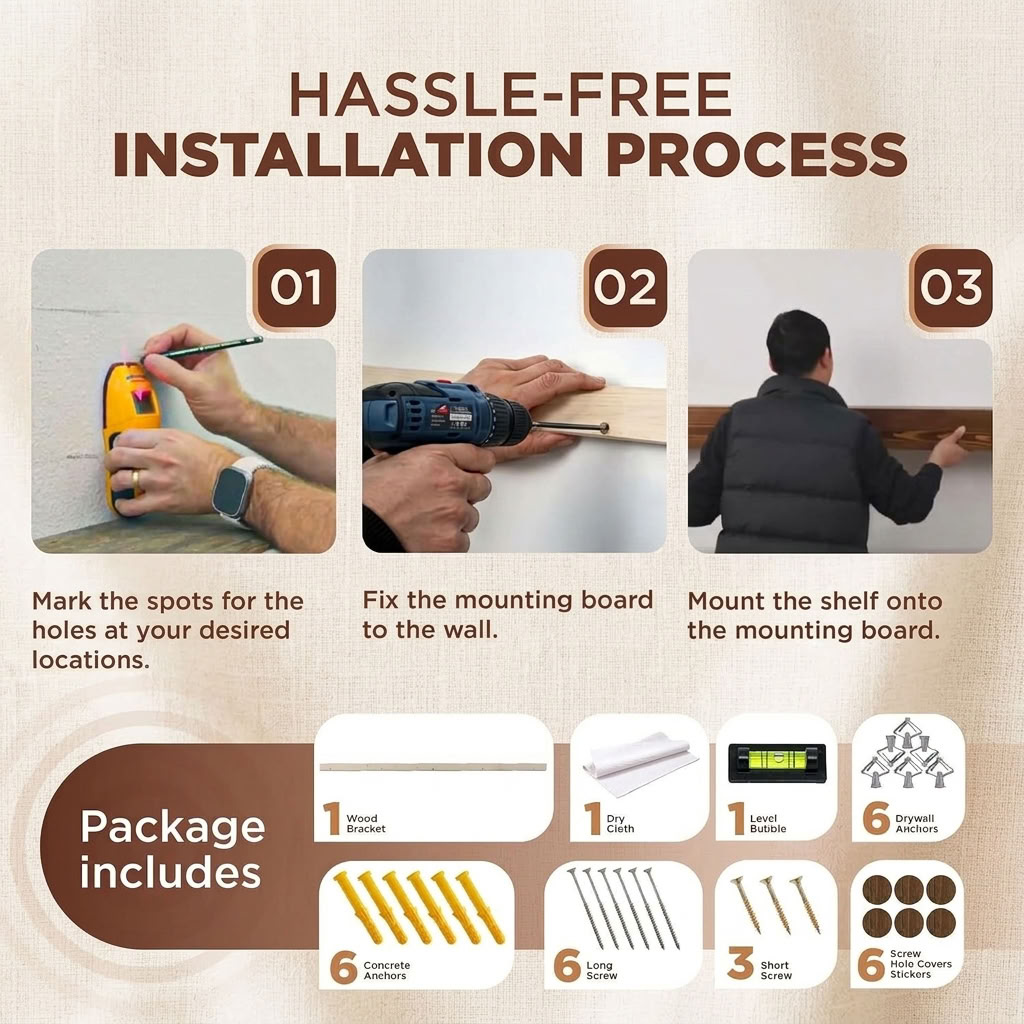 Fireplace mantel shelf installation steps and package contents with wood bracket, anchors, screws, and level.