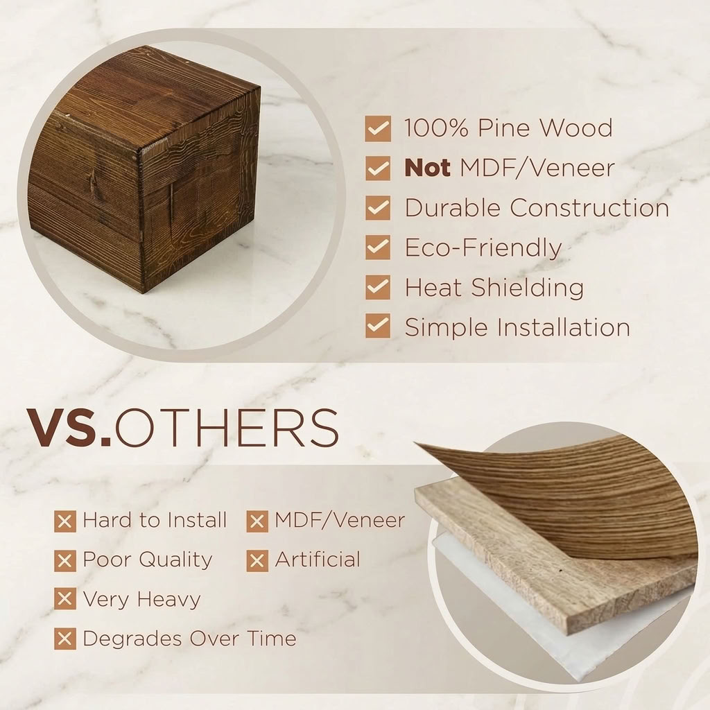 Solid pine wood fireplace mantel shelf compared to MDF veneer, durable, eco-friendly, heat shielding