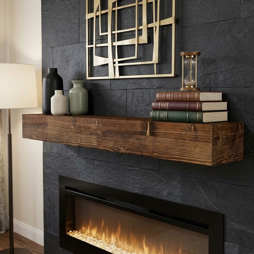 Rustic brown wood fireplace mantel shelf on dark stone wall above electric fireplace with books and vases