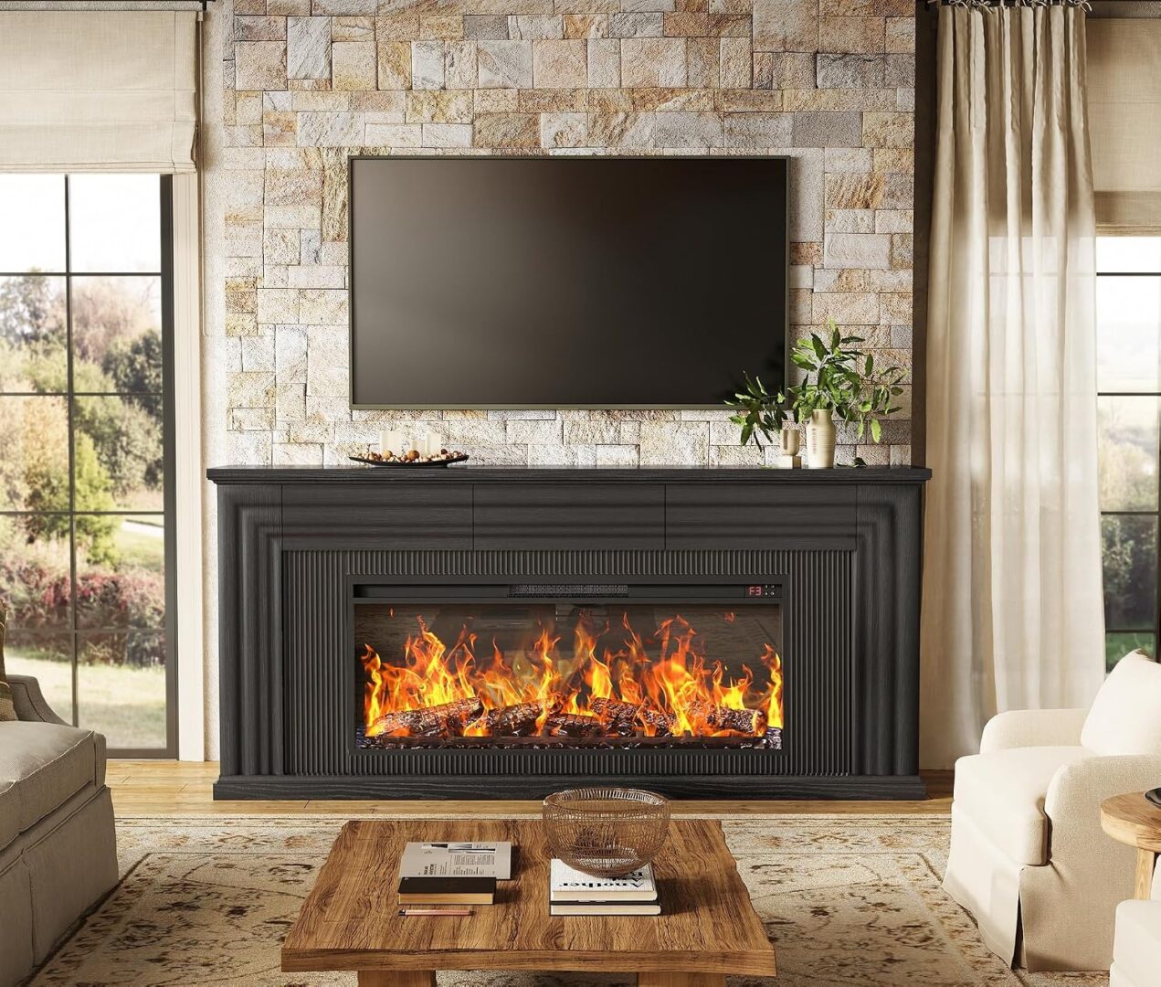 Electric Fireplace TV Stand With Fluted Design