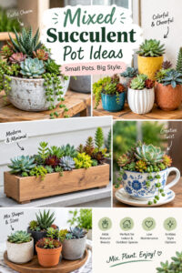 Discover beautiful mixed succulent pot ideas featuring rustic ceramic bowls, colorful planters, modern wooden boxes, floral teacups, and assorted succulent arrangements. Get inspiration for creative indoor plant decor, small-space gardening, and stylish succulent displays for your home or patio.
