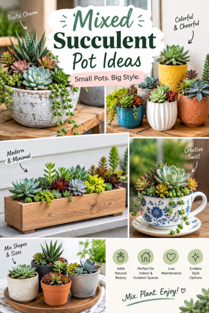 Discover beautiful mixed succulent pot ideas featuring rustic ceramic bowls, colorful planters, modern wooden boxes, floral teacups, and assorted succulent arrangements. Get inspiration for creative indoor plant decor, small-space gardening, and stylish succulent displays for your home or patio.