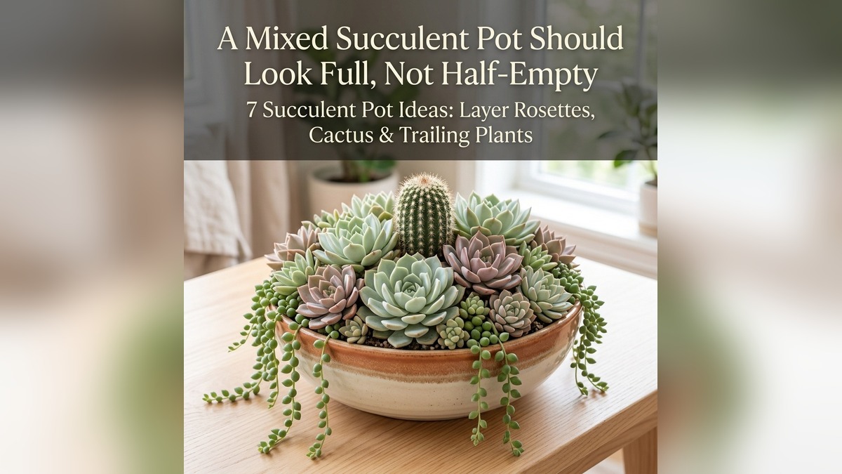 Image showing a lush, densely packed mixed succulent arrangement in a shallow ceramic bowl on a light wood table near a bright window. Layered echeveria rosettes, a small columnar cactus, and trailing string of pearls fill the pot with no bare soil. Text reads “A Mixed Succulent Pot Should Look Full, Not Half-Empty” and “7 Succulent Pot Ideas.”