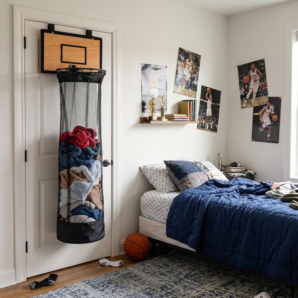 Over the door basketball hamper with wood backboard and black mesh bag filled with laundry, hanging on a white bedroom door