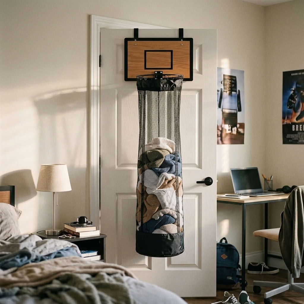 Over the door basketball hamper with wood backboard and black mesh bag filled with laundry, hanging on a white bedroom door