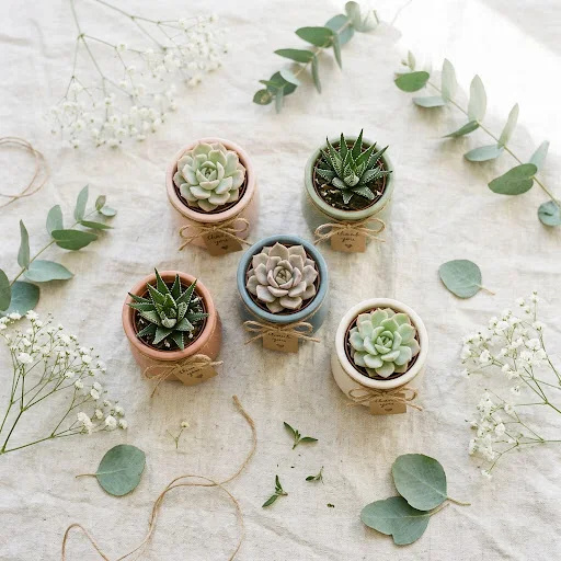 Overhead view of five petite succulent pots in blush, sage, dusty blue, and cream with kraft tags tied in twine.