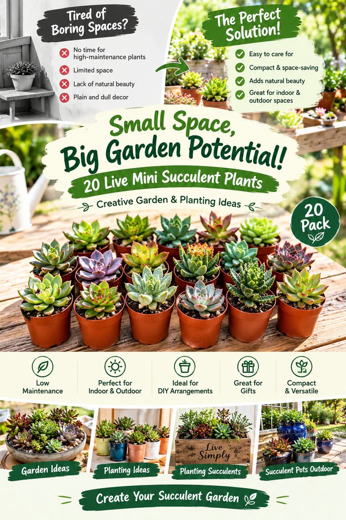 Infographic of 20 mini succulents in terracotta pots on a garden table with planting ideas and benefits.