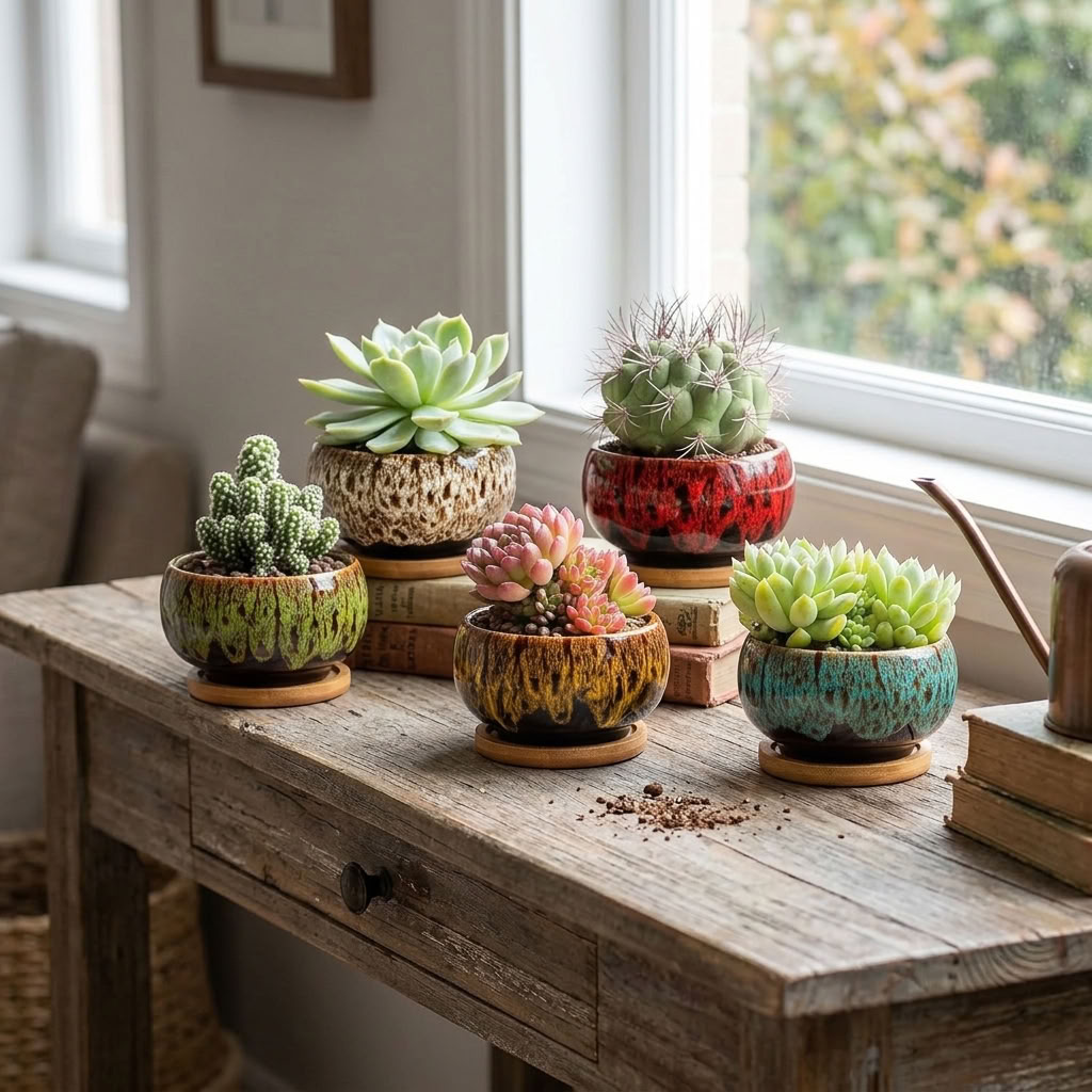 Mixed succulent pots in colorful glazed pots on a sunny wooden windowsill, with echeveria, cactus, and pink succulents on bamboo saucers