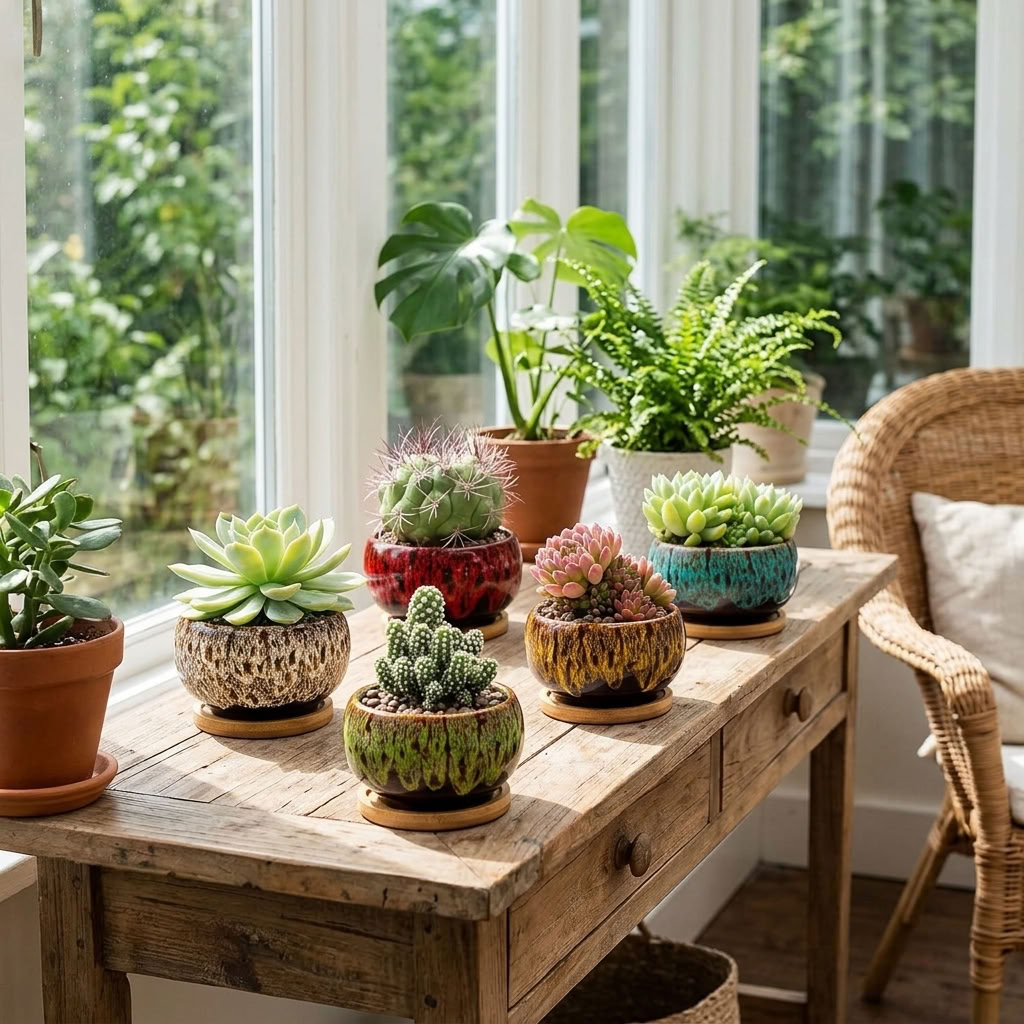 Mixed succulent arrangements in colorful glazed pots on a sunny wooden windowsill, with echeveria, cactus, and pink succulents on bamboo saucers