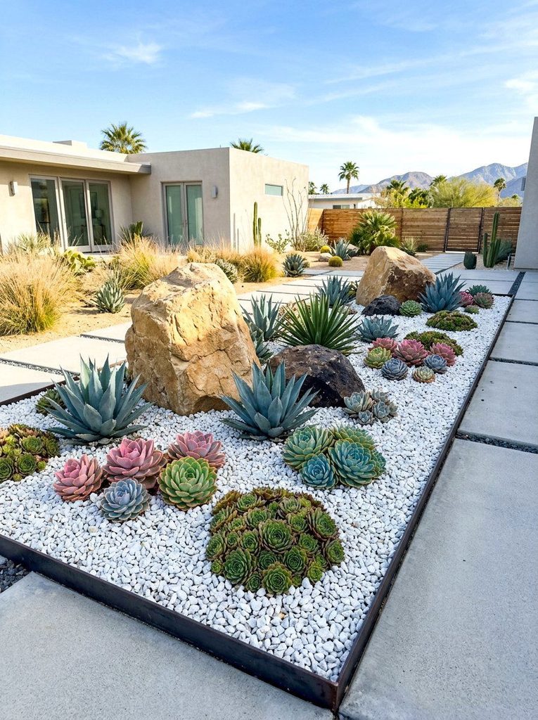Modern succulent rock garden with agave and cactus among large rocks and pale gravel