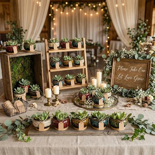 Succulent wedding favor display ideas on a rustic table using a tiered shelf, wooden crate, mirrored tray, and “Please Take One” sign.
