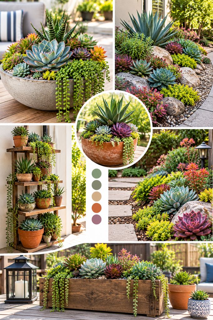 Succulent garden design ideas featuring colorful echeveria, aloe plants, trailing succulents, decorative terracotta pots, and a beautiful rock garden. Discover simple, low-maintenance succulent garden ideas for patios, outdoor spaces, and container gardens.