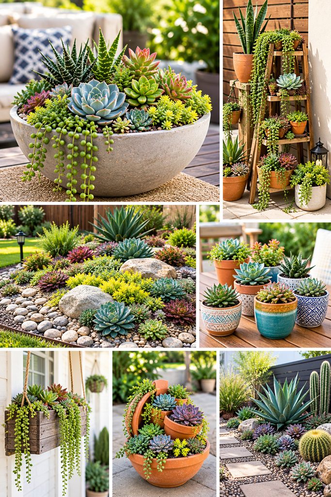 Succulent garden design inspiration featuring mixed succulent arrangements in decorative bowl planters, terracotta pots, vertical wooden shelves, hanging planters, rock gardens, pebble pathways, and colorful container gardens for beautiful outdoor spaces.