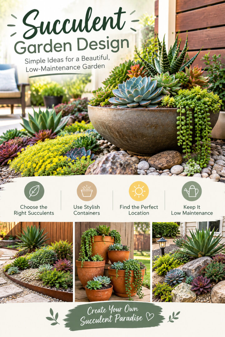 Succulent garden design ideas featuring colorful echeveria, aloe plants, trailing succulents, decorative terracotta pots, and a beautiful rock garden. Discover simple, low-maintenance succulent garden ideas for patios, outdoor spaces, and container gardens.