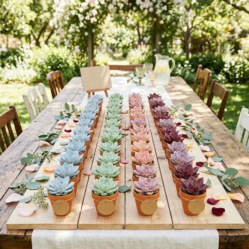 Garden favor table with rows of succulent wedding favors in terracotta pots, arranged from blue-gray to blush to burgundy.