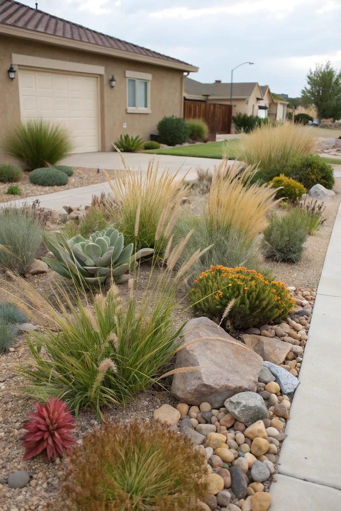 Water-wise front yard succulent garden with gravel and stone replacing a thirsty lawn
