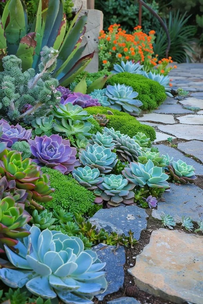 Succulent pathway border with low rosettes and trailing sedum along a front walk
