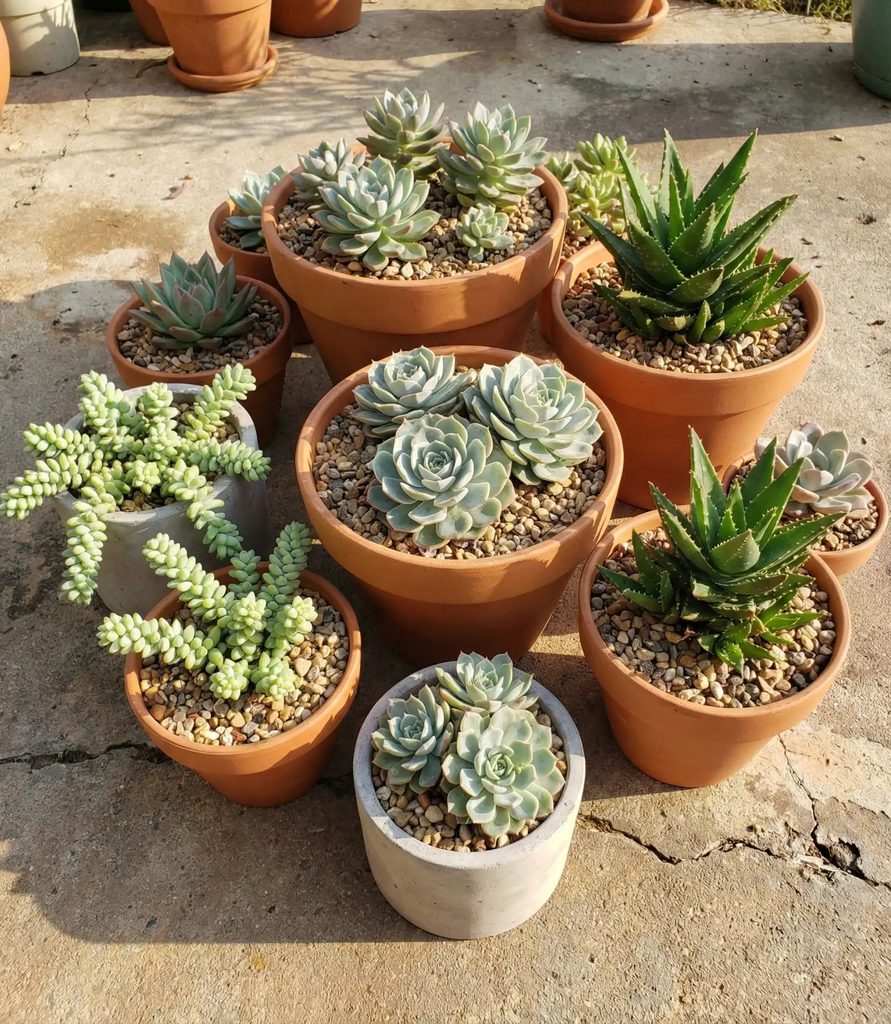 Patio succulent garden design with grouped succulent garden pots and low bowls