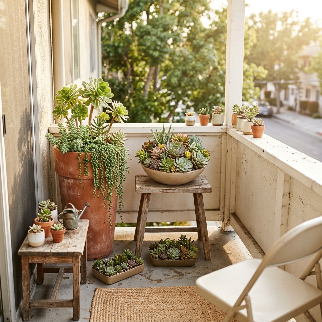 Image titled “Balcony Succulent Garden Layout Ideas for Railings, Tables, and Corners.” A small sunny balcony succulent garden is arranged in three heights: a tall terracotta pot with aloe and cactus in the corner, a mixed succulent bowl on a wooden stool in the middle, and a low wooden tray of mini succulents on the floor. Small succulent pots sit on the white railing and a side table, with blurred green trees in the background.