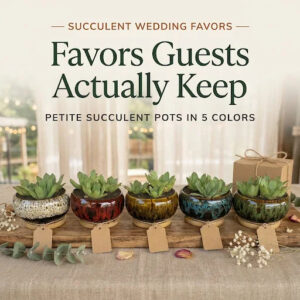Five glazed ceramic succulent wedding favors in cream, red, amber, teal, and green on a wooden board with kraft tags.