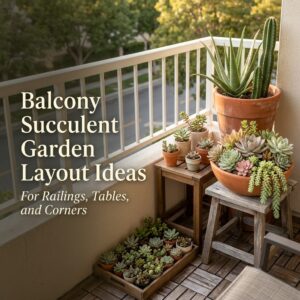 Balcony succulent garden with a tall pot, a mixed succulent bowl on a stool, and a low tray of mini succulents.