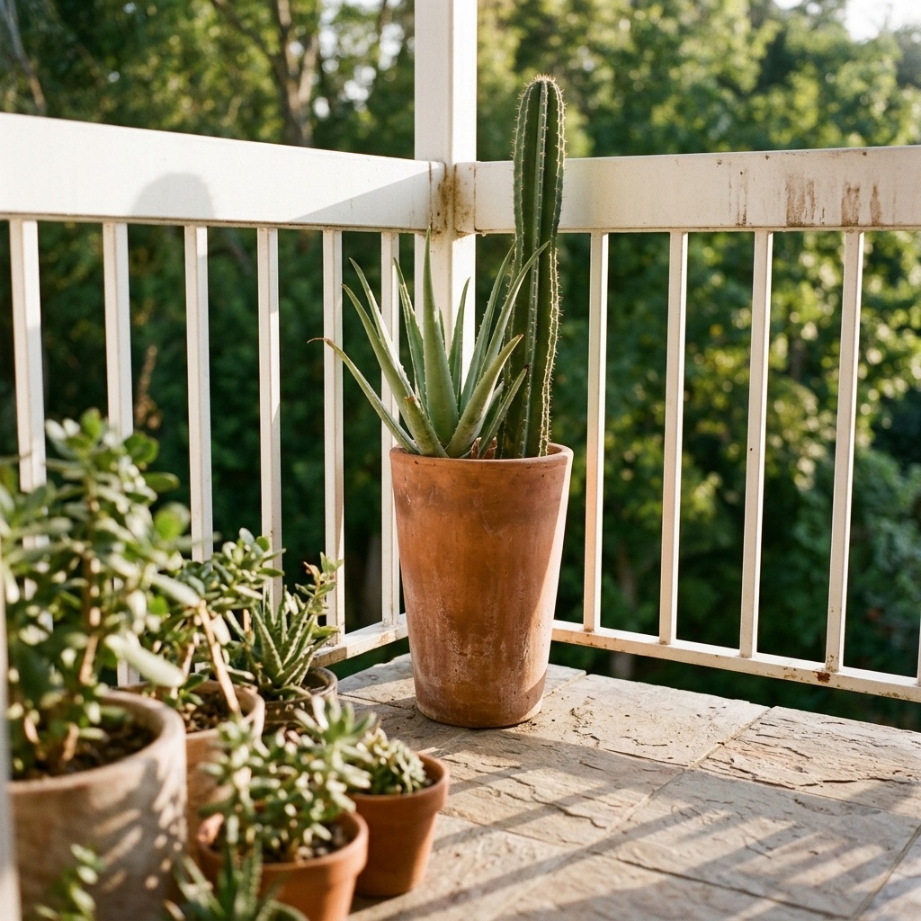 Balcony succulent garden with a tall terracotta pot holding an aloe and columnar cactus beside a white railing.