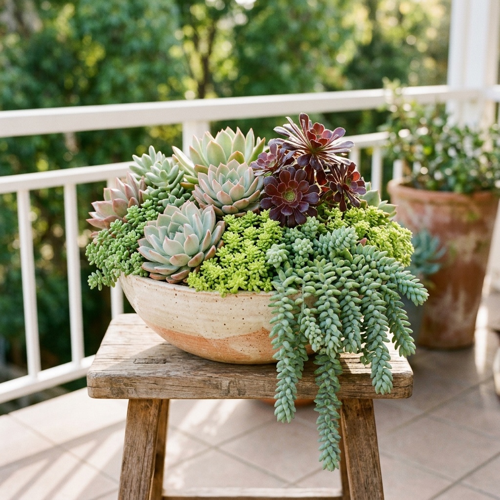 Balcony succulent garden with a full mixed succulent bowl of echeveria and trailing burro’s tail on a wooden stool.
