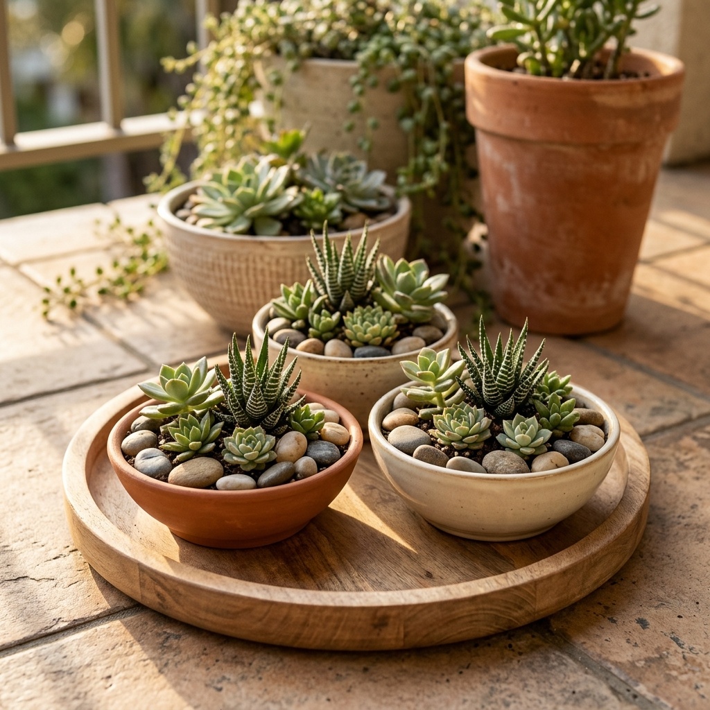 Balcony succulent garden with a low wooden tray of mini succulents and river stones grounding the display.