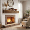 Rustic wood fireplace mantel shelf on white shiplap wall above brick fireplace with clock, books, and vase.