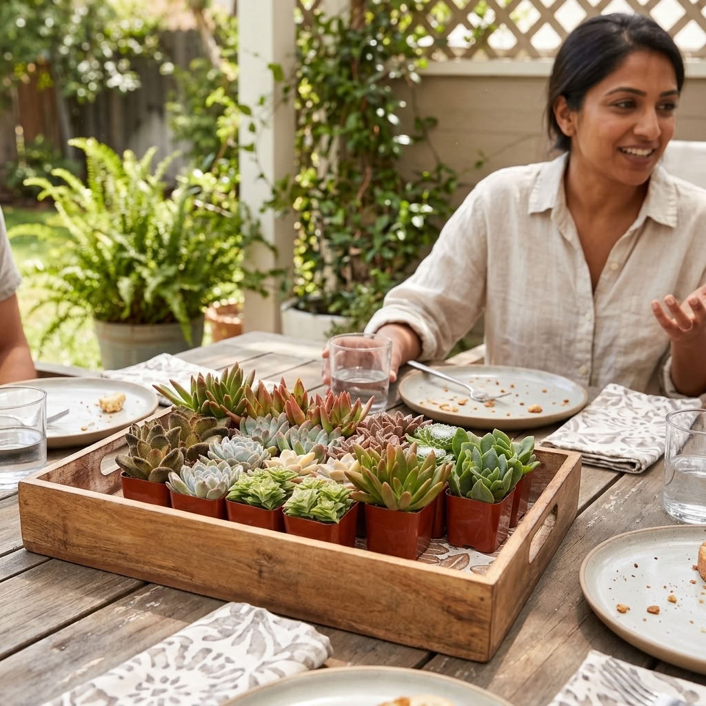 Tray of small potted succulents on an outdoor dining table as a smiling woman talks with others nearby.