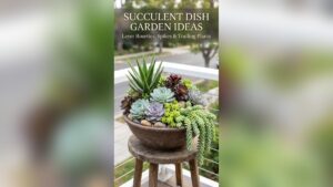 Succulent dish garden with aloe, echeveria rosettes, and trailing burro’s tail in a wide clay bowl on a wooden stool.