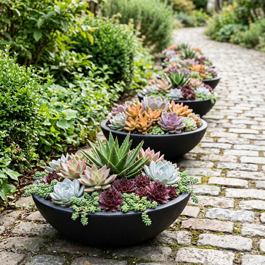 A row of large black bowls filled with colorful mixed succulents, lined up along a curved cobblestone path beside green garden shrubs.